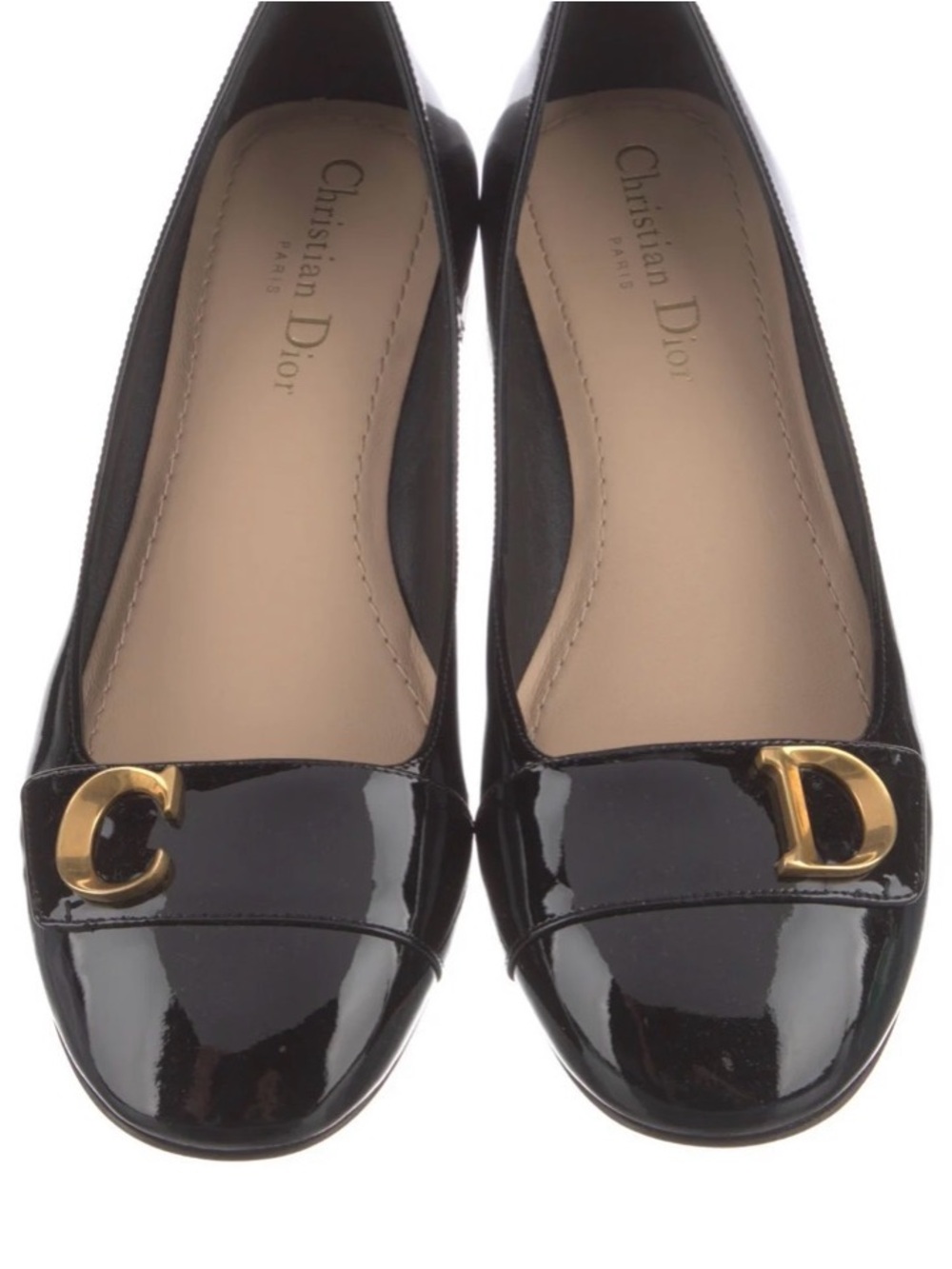 Dior Black Patent Ballet Flats with Gold 'C' and 'D' Hardware